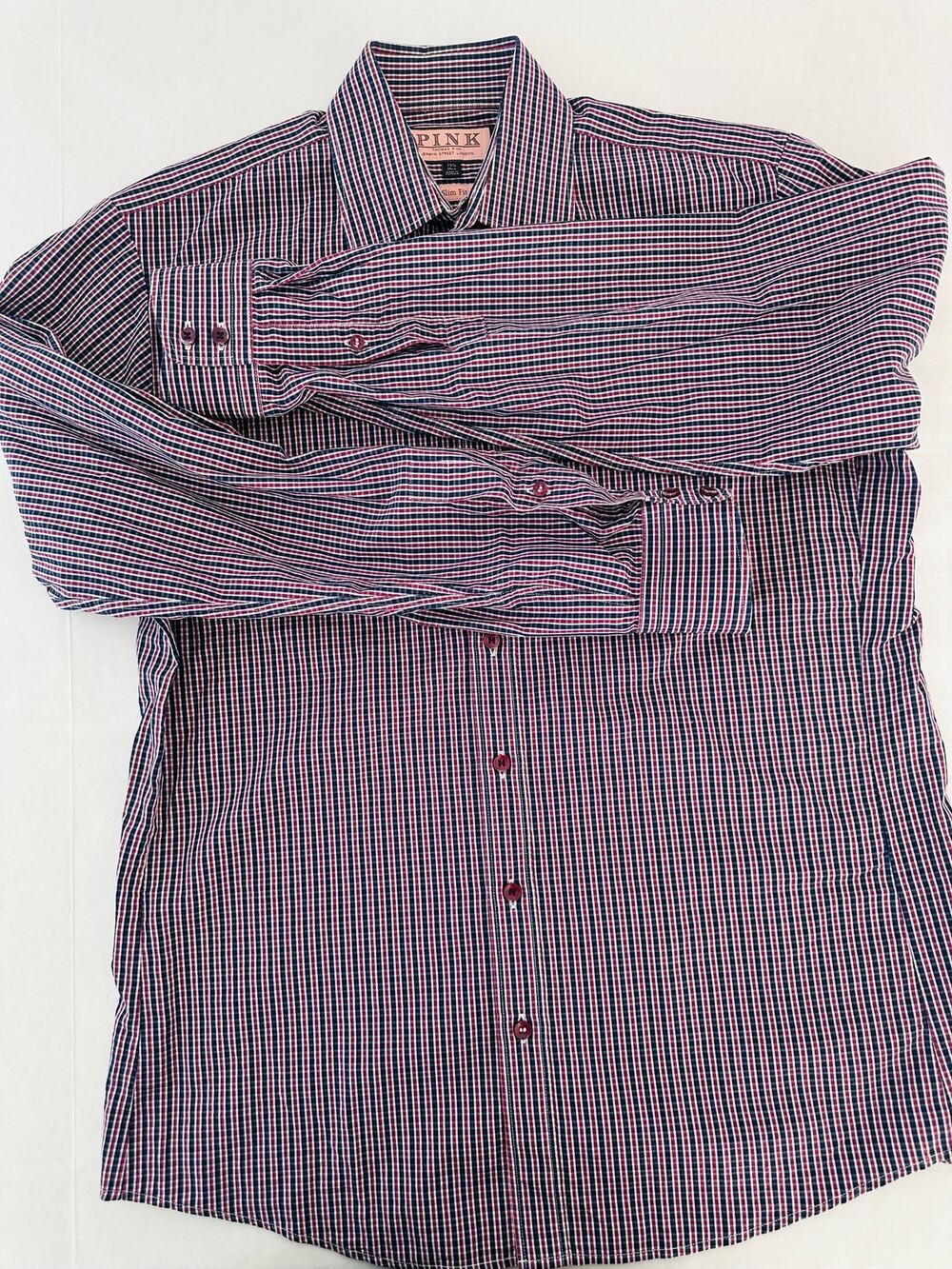 Thomas Pink Men’s Slim Fit Dress Shirt 15.5 39cm Tattersall Check Long Sleeve